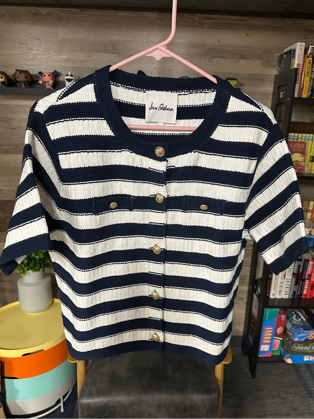 Sam Edelman Striped Short Sleeve Sequin Cardigan Sweater Womens XL Navy White Go